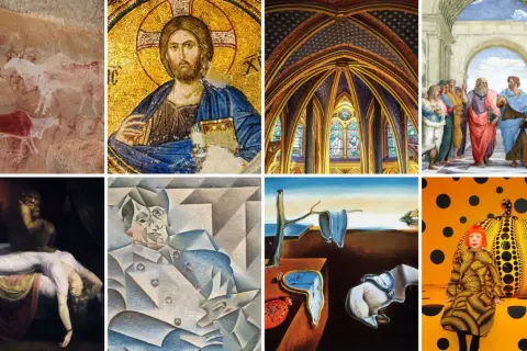 A collage of art styles, from cave paintings to modern installations, asks: when did contemporary art start?