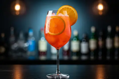 Ett glas med en orange aperol drink utan prosecco, garnerad med apelsinskivor och is. Bakom syns en barmiljö med flaskor.