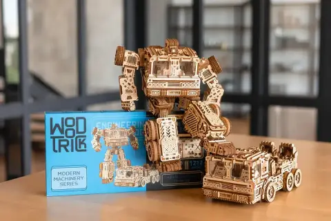 Drewniana układanka przestrzenna: robot i ciężarówka z serii Modern Machinery.