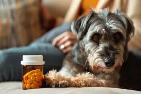 Un chien à l'air triste près d'une bouteille de pilules. Attention à la dose toxique d'alprazolam pour chien.