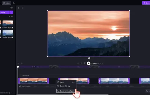 Edytor wideo Clipchamp. Tworzenie pokazu slajdów z górskim krajobrazem o wschodzie słońca, przypominającego time lapse.
