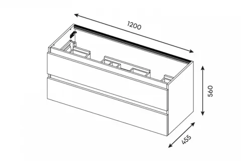 Meuble de salle de bain avec deux tiroirs. Dimensions : 1200 mm de largeur, 560 mm de hauteur et 455 mm de profondeur.