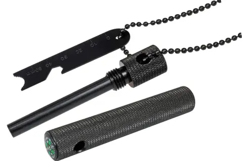 Kit para hacer fuego con pedernal, incluye varilla, rascador con medidas y brújula.