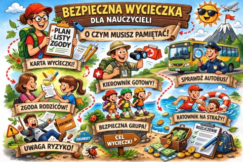 Ilustracja przedstawia bezpieczną wycieczkę zagraniczną do kuratorium. Plan wycieczki, zgoda rodziców, kierownik gotowy, sprawdzony autobus, ratownik na straży, bezpieczna grupa i rozliczenie.