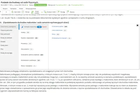 Fragment strony internetowej z informacjami o podatku dochodowym, z zaznaczonym artykułem o opodatkowaniu małżonków i osób samotnie wychowujących dzieci.