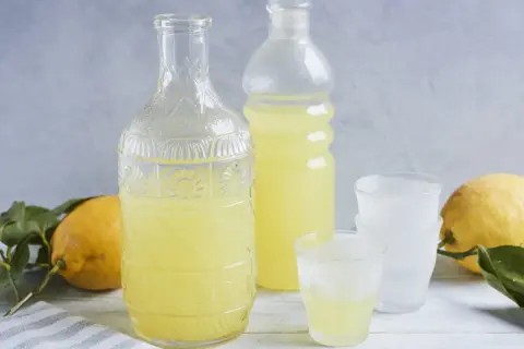 Ein Glas mit dem original italienischen Limoncello Rezept, daneben eine Karaffe, Flasche und Zitronen.