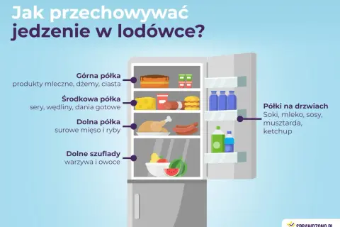 Ilustracja pokazuje wnętrze lodówki z podziałem na półki i szuflady, wyjaśniając zasady przechowywania żywności.