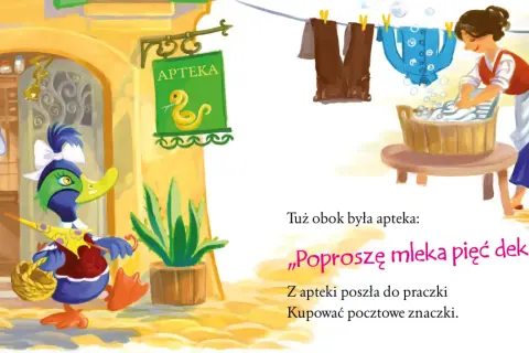 Kaczka Dziwaczka w aptece, obok praczka. Jelonki patrzą, jak praczka pierze.