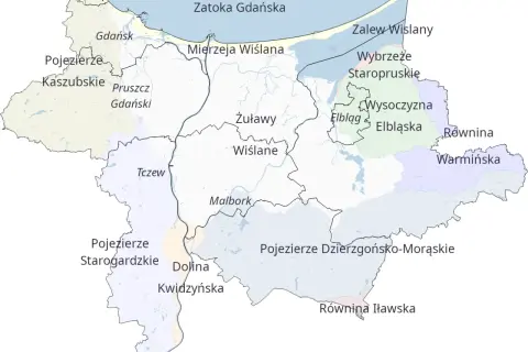 Mapa regionu z zaznaczonymi Żuławami Wiślanymi, Zalewem Wiślanym i innymi atrakcjami przyrodniczymi.
