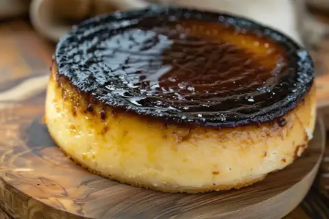 En krämig baskisk cheesecake med karamelliserad yta, serverad på en träskärbräda.