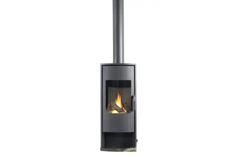 Poêle à gaz sans conduit au design moderne, avec une cheminée verticale et des flammes réelles.