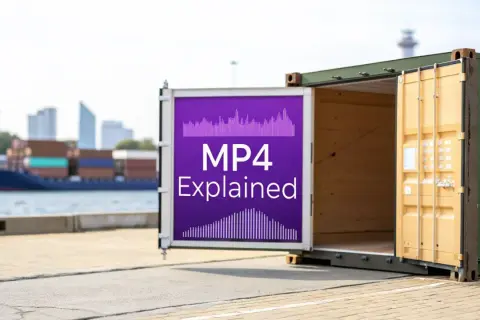 An open shipping container displays "MP4 Explained" on a purple panel, with a cargo ship in the background.
