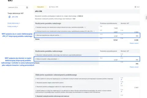 JPK V7M: wewnątrzwspólnotowe nabycie towarów (975 zł) widoczne w podatku należnym i naliczonym.