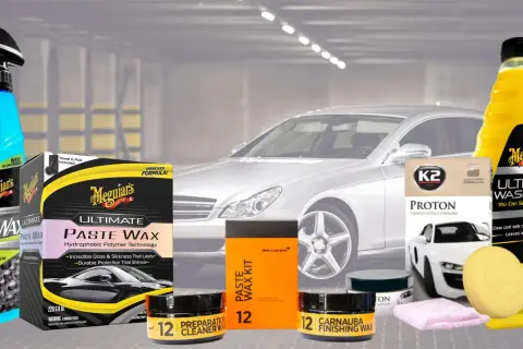Zestaw kosmetyków samochodowych Meguiar's i K2, w tym najtrwalsze woski samochodowe, do kompleksowej pielęgnacji lakieru.