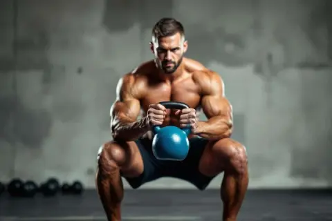 Un homme musclé effectue un goblet squat avec une kettlebell bleue.