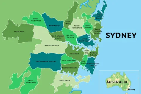 Mapa pokazuje, gdzie jest Sydney, z podziałem na dzielnice: Outer West, Northern Suburbs, Inner West i inne.