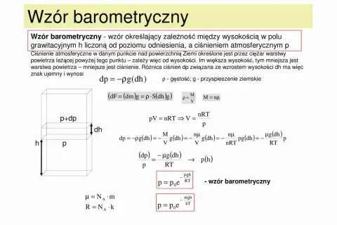 Schematyczny rysunek słupa powietrza z oznaczeniami ciśnienia i wysokości, obok wzory barometryczne.