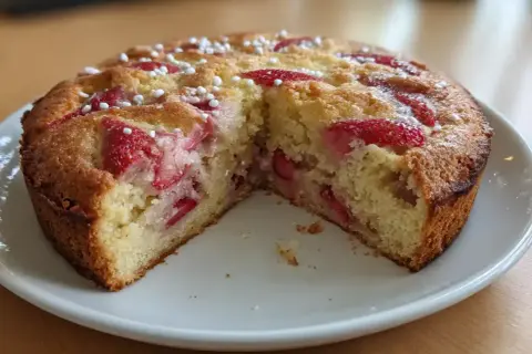 Fredriks fika: saftig rabarberkaka med jordgubbar och pärlsocker. Perfekt till kaffet!