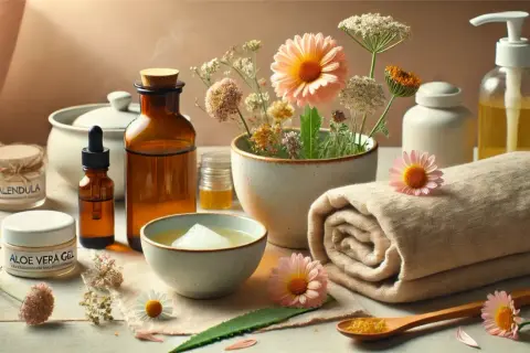 Olio di paraffina a cosa serve? In questa scena rilassante, ingredienti naturali come aloe e calendula si uniscono a oli per la cura della pelle.