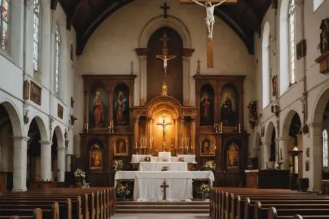 Wnętrze kościoła katolickiego z ołtarzem, krucyfiksem i ławkami.