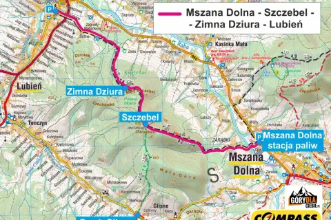 Trasa Mszana Dolna - Szczebel - Zimna Dziura - Lubień. Mapa turystyczna z zaznaczonymi szlakami i atrakcjami.