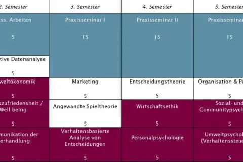 Studienplan für ISM Wirtschaftspsychologie: Module wie "Grundkurs Mathematik", "Einführung in die BWL" und "Sozial- und Communitypsychologie" über sechs Semester.