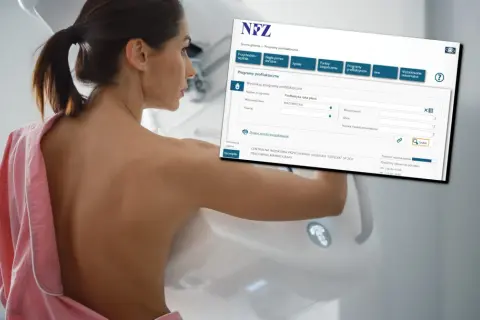 Kobieta przygotowuje się do mammografii. Na ekranie widoczny jest formularz wyszukiwania bezpłatnych badań po 50. roku życia.