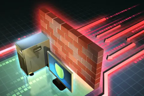 Ceglana ściana symbolizuje co to jest firewall, chroniąc serwer i monitor przed czerwonymi strzałkami zagrożeń.