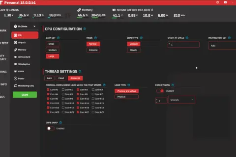 Configuración de **stress test PC** con CPU Intel i9-13900K, seleccionando núcleos y modo de carga para la prueba.