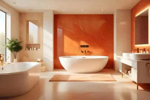 Élégante salle de bain terracotta et beige avec baignoire îlot, douche à l'italienne et lavabo sur meuble suspendu.