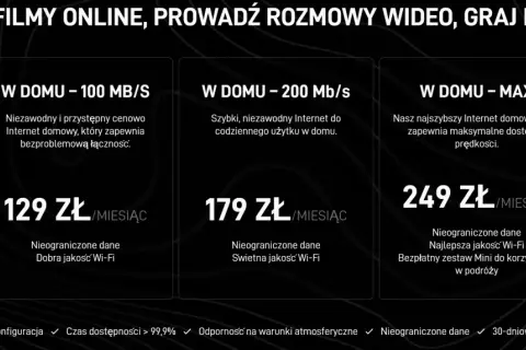 Internet od Elona Muska: wybierz pakiet 100, 200 lub MAX Mb/s dla domu. Oglądaj filmy, graj, pracuj bez ograniczeń.