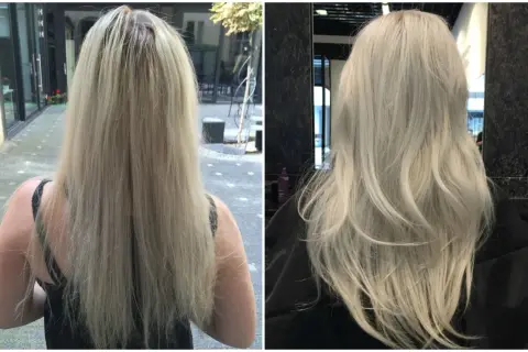 Przed i po: włosy przed i po zabiegu Olaplex. Włosy po zabiegu są jaśniejsze i bardziej lśniące.