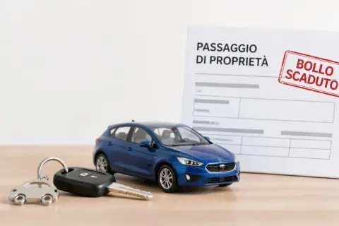 Chiavi e auto blu su un tavolo, con un documento di passaggio di proprietà e un timbro "Bollo scaduto". Ideale per chi acquista un'auto usata.