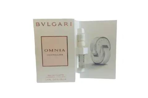Próbka perfum Bvlgari Omnia Crystalline, z miniaturową buteleczką i kartonikiem z logo.