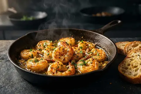 Dampfende Scampi Pfanne mit Knoblauch und Kräutern, serviert mit knusprigem Brot. Ein Fest für die Sinne!