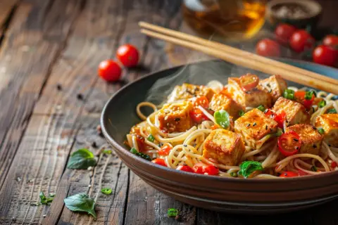 Makaron po chińsku z tofu - Przepis na makaron z tofu i pomidorami