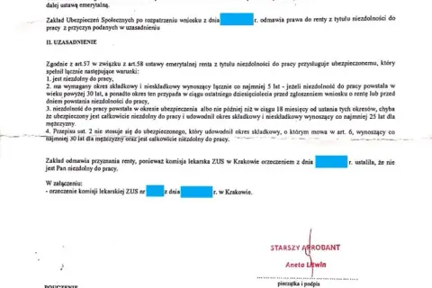 Jak wygląda decyzja ZUS o przyznaniu renty? Wzór i wyjaśnienie