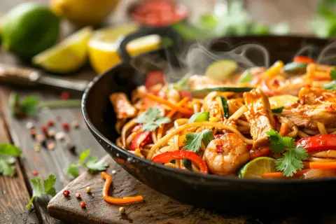Makaron udon po tajsku - Przepis na smażony makaron z kurczakiem