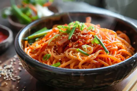 Makaron kimchi - Przepis na pikantny makaron z kimchi i warzywami