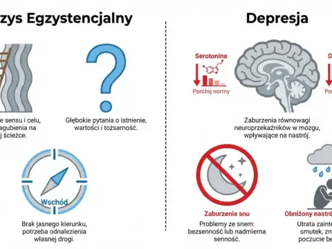 Kryzys egzystencjalny vs. depresja: drabina do celu, znak zapytania, kompas, mózg z zaburzeniami neuroprzekaźników, problemy ze snem i obniżony nastrój.