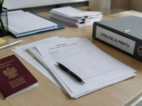 Dokumenty do legalizacji pobytu: polski paszport, wniosek o zezwolenie na pobyt czasowy, długopis i segregator.