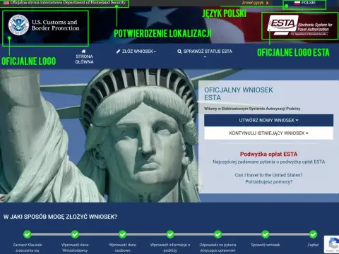 Oficjalna strona ESTA, gdzie złożysz wniosek o wizę turystyczną USA. Zobaczysz tu logo U.S. Customs and Border Protection i informacje o podróży.