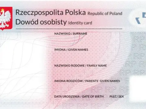 Wniosek o dowód osobisty - wzór polskiego dokumentu tożsamości z danymi: nazwisko, imiona, nazwisko rodowe, imiona rodziców, data urodzenia, płeć.