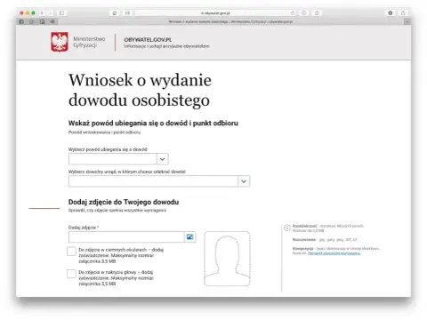 Formularz wniosku o dowód osobisty dla dziecka. Wpisz powód, wybierz urząd i dodaj zdjęcie.