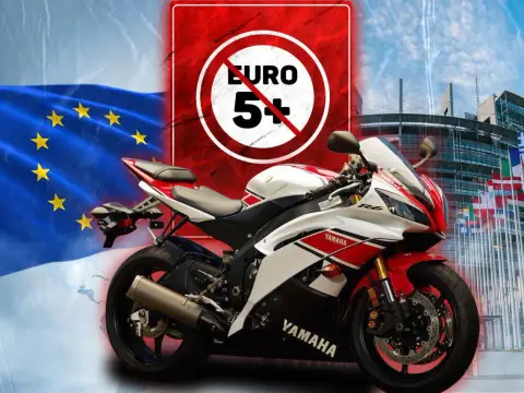 Sportowy motocykl Yamaha obok flagi UE i zakazu EURO 5.