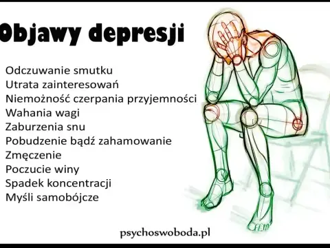 Siedząca postać z rękami na twarzy, symbolizująca objawy depresji: smutek, utratę zainteresowań, zmęczenie.