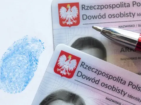 Dwa polskie dowody osobiste, niebieski odcisk palca i czerwone pióro. Dokumenty są kluczowe w procesie uzyskania serii dowodu osobistego.