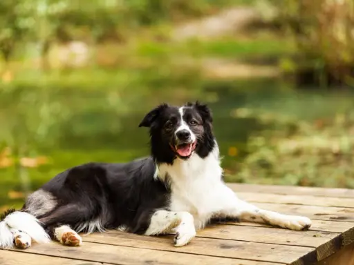 Szczęśliwy pies rasy border collie odpoczywa na drewnianym pomoście. Idealne mazury z psem, relaks nad wodą.