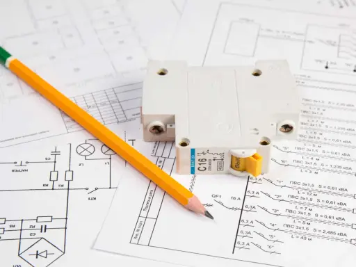 Protokół odbioru instalacji elektrycznej z wyłącznikiem i ołówkiem na schemacie.
