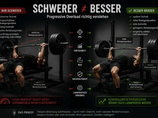 Vergleich von Training: links mit schlechter Technik und instabiler Position für kurzfristige Erfolge, rechts mit voller Kontrolle und sauberer Ausführung für effektiven Muskelaufbau.